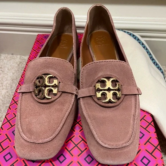 Worn once, Tory Burch Suede Miller Loafer with metal logo. Size 8, box included